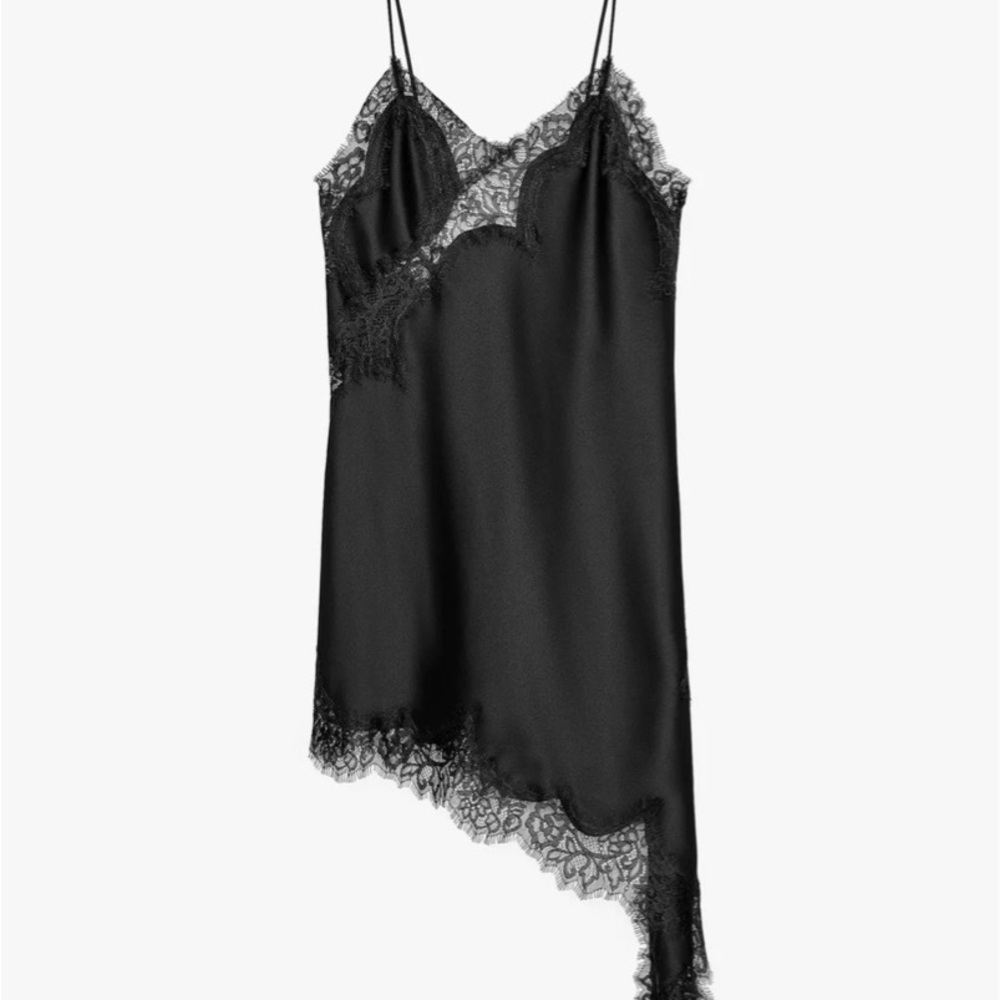 Zara Asymmetrical Black Lace Mini Dress S Chemise slip satin slit delicate LBD 2 - Picture 4 of 10